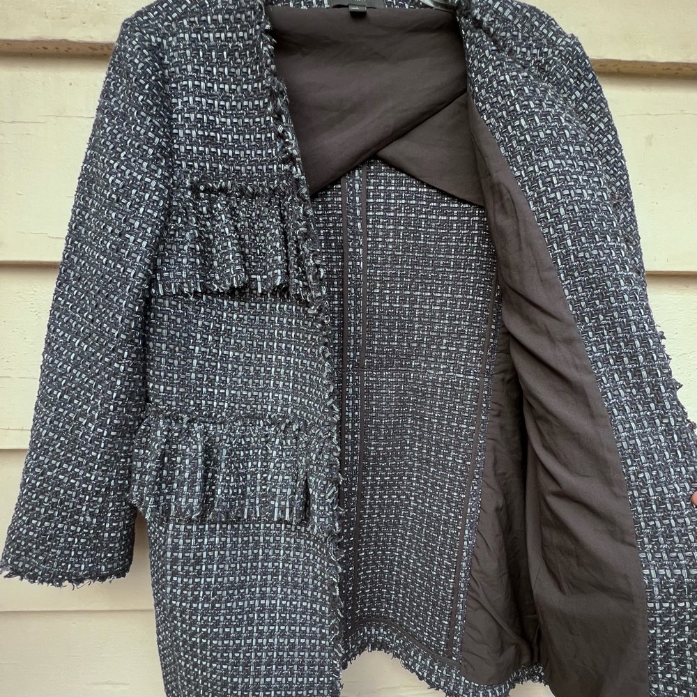 Ann Taylor navy blue metallic tweed ruffle jacket - Picture 9 of 13